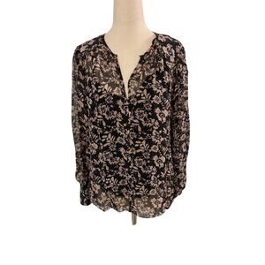 Velvet Floral Blouse Women’s Medium Black Built-In Tank Long Sleeve V-Neck